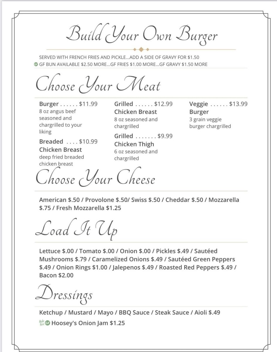 Hoosey’s Restaurant and Bar gluten-free menu