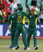 Faf du Plessis celebrates the first wicket during the 2nd ODI between South Africa and Sri Lanka at Sahara Stadium Kingsmead on February 01, 2017 in Durban, South Africa.