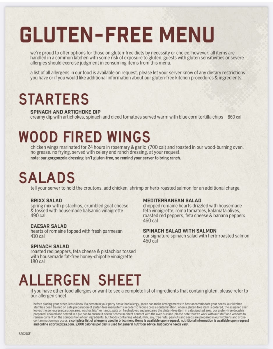 Brixx Wood Fired Pizza gluten-free menu