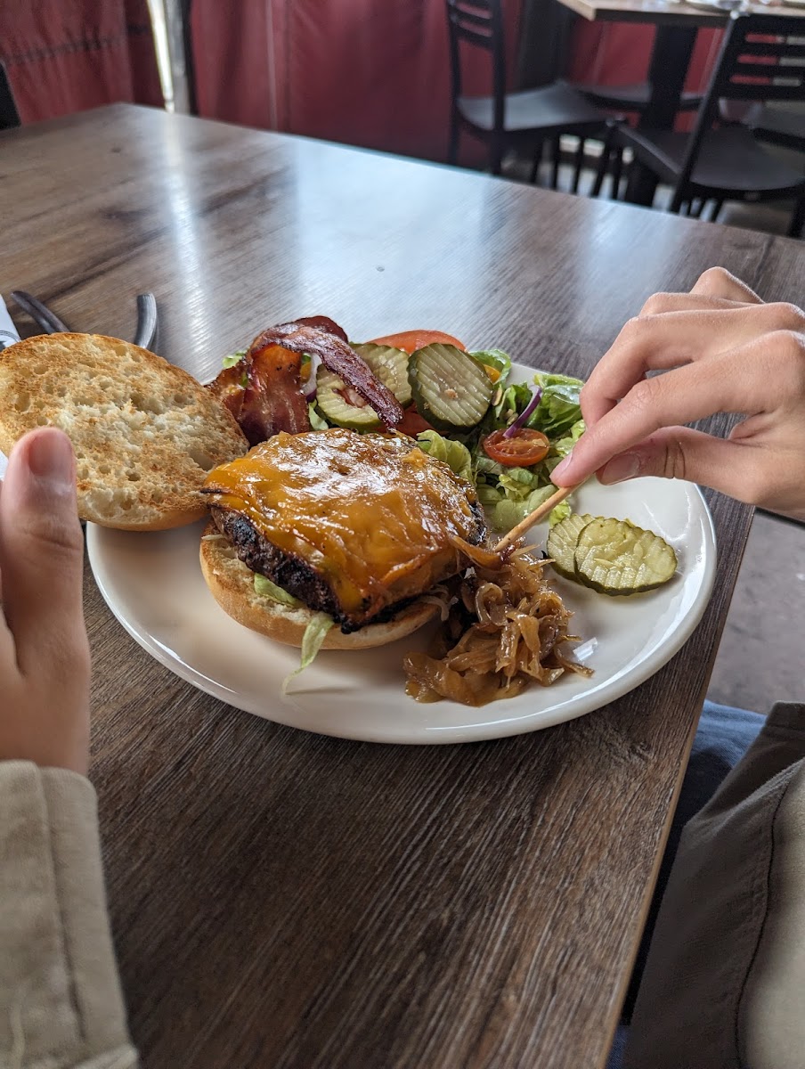 Burger with bacon & caramelized onions...which my son picked off, lol