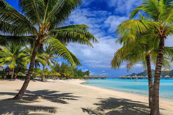 A beach view from Le Meridian hotel on Bora Bora, French Polynesia.