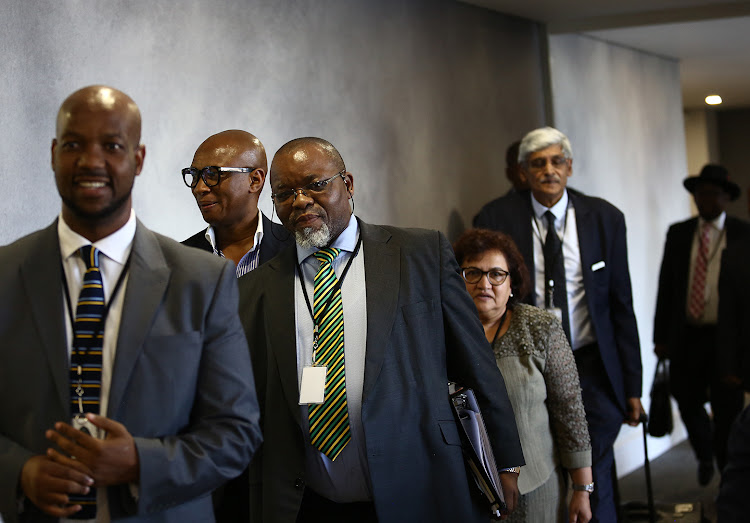 ANC chair Gwede Mantashe arrives to testify at the commission of inquiry into state capture, accompanied by deputy secretary-general Jessie Duarte, head of the presidency Zizi Kodwa and Krish Naidoo, who was acting as the party's legal adviser at the commission.