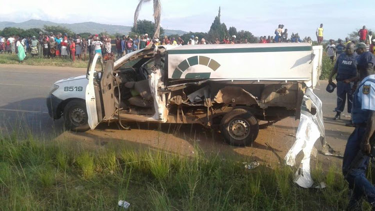 Armed men shot at this vehicle and then blew it up with the explosives before making off with social grants money and weapons.