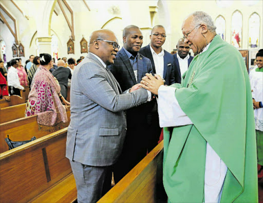 FATHER Peter Whiehead from Immaculate Conception Catholic Church greets BCM executive mayor Xola Pakati during a prayer service calling for divine intervention for much needed rain. With Pakati were portfolio head for infrastructure and engineering councillor Ncedo Kumbaca, mayoral spokesperson, mayoralspokesperson Luzuko Buku and BCM communications manager Samkelo Ngwenya. Picture: ALAN EASON