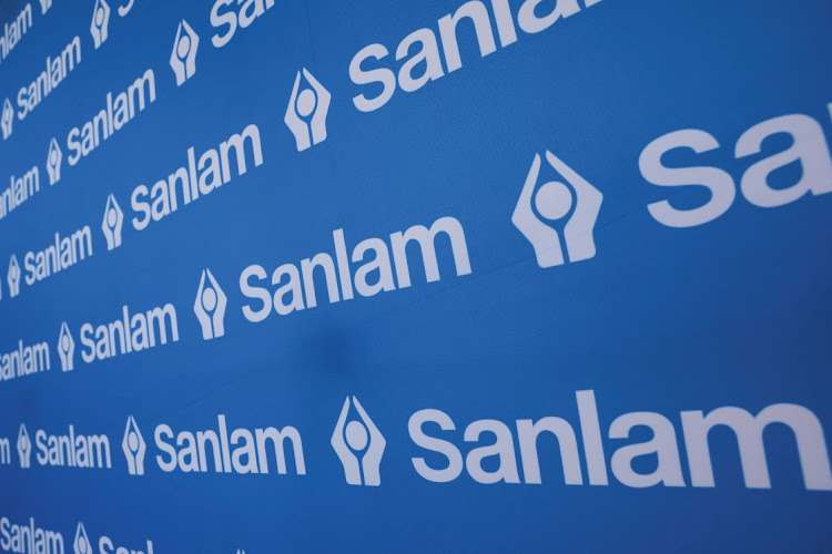 The Sanlam logo is display on a pop-up banner in Cape Town. Picture: ESA ALEXANDER/REUTERS