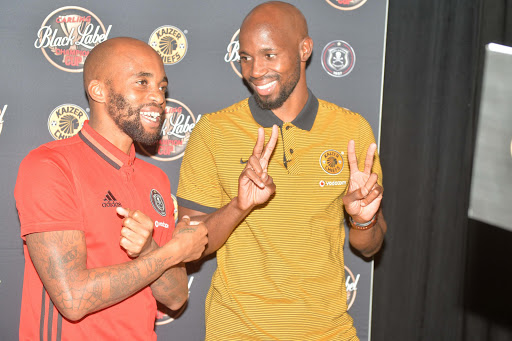 Ramahlwe Mphahlele and Oupa Manyisa during the Carling Black Label Champion Cup launch at Park Station on May 02, 2017 in Johannesburg, South Africa.