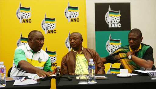 ANC President, Cyril Ramaphosa talks to his deputy DD Mabuza and ANC Treasure General, Paul Mashatile during a special NEC meeting held in East London ahead of the ANC 106 birthday celebrations Picture: MASI LOSI