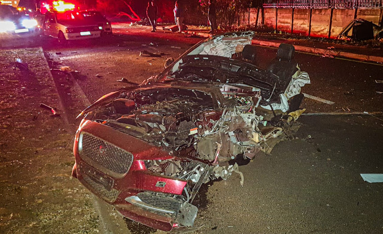 The motorist who was driving this Jaguar XE is receiving treatment in hospital after losing control of his vehicle.