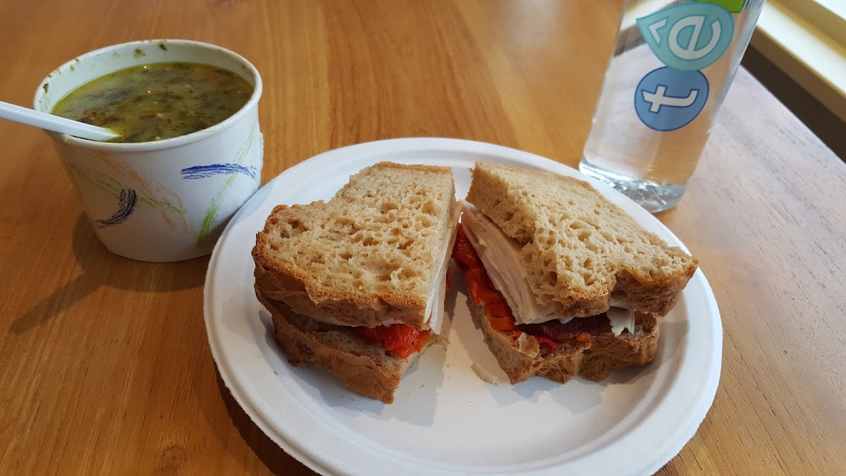 My Organic Vegetable Soup & Applegate Turkey, Roasted Red Pepper Sandwich. So delicious!