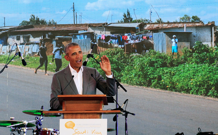 Former US president Barack Obama addresses delegates during the launch of Sauti Kuu resource centre near his ancestral home in Nyangoma Kogelo village in Siaya county, Kenya July 16, 2018.