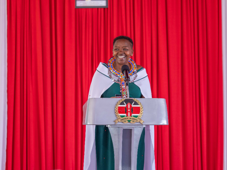 First Lady Mama Rachel Ruto speaking during the launch of empowerment projects for women, youth and people with disabilities in Kajiado on April 13, 2024.