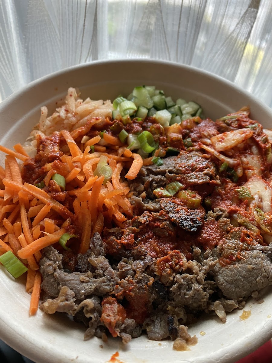 Bulgogi bowl with gochujang, carrots, kimchi, scallions, cucumber and Korean radish