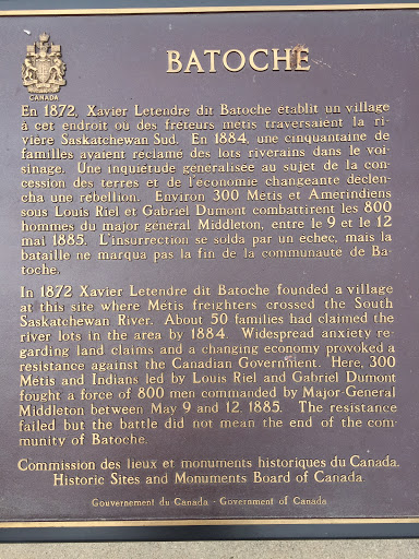 In 1872 Xavier Letendre dit Batoche founded a village at this site where Métis freighters crossed the South Saskatchewan River. About 50 families had claimed the river lots in the area by 1884....