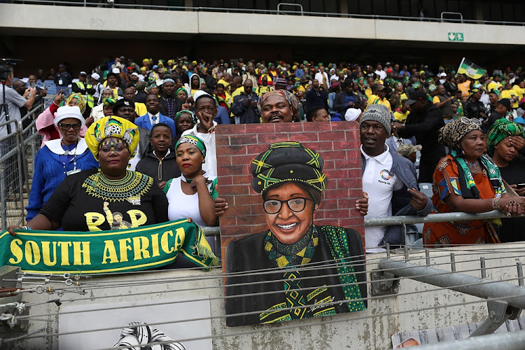 Thousands of mourners dressed in African National Congress (ANC) regalia were present to honour the late Winnie Madikizela-Mandela at the official memorial service Orlando Stadium in Soweto on April 11 2018.