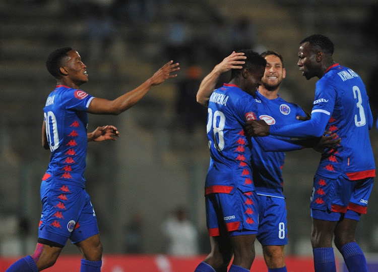 Teboho Mokoena of Supersport United celebrates a goal with teammates during the Absa Premiership match between Supersport United and Chippa United on the 29 August 2018 at Lucas Moripe Stadium.