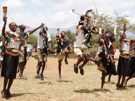 Pokot dancers perform during the graduation ceremony for 96 girls rescued from FGM and early marriages in Ortum town on Saturday /MONICAH MWANGI
