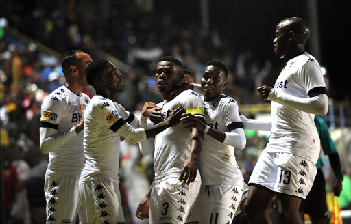 Thulani Hlatshwayo of Wits celebrating his goal with team mates during the MTN 8 match between Bidvest Wits and Orlando Pirates at Bidvest Stadium on August 27, 2016 in Johannesburg, South Africa. (Photo by Gallo Images)