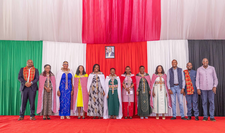 First Lady Mama Rachel Ruto in group photo with other leaders during the launch of empowerment projects for women, youth and people with disabilities in Kajiado on April 13, 2024.