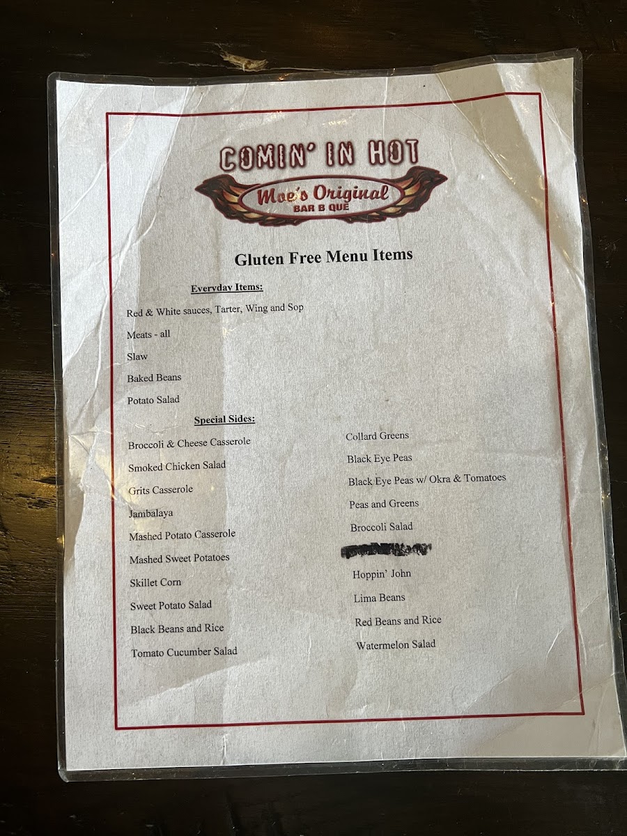 Moe's Original BBQ gluten-free menu