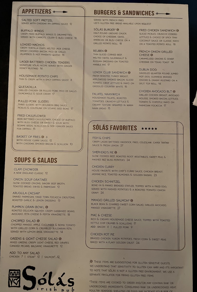Solas Irish Pub gluten-free menu
