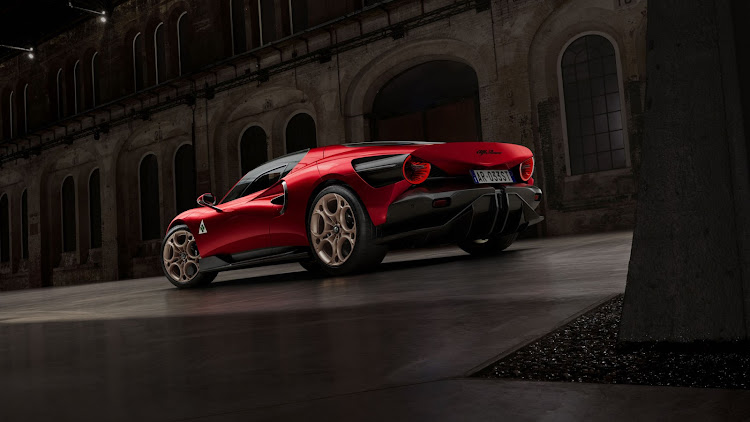 The rear expresses the 'brutal' essence of the 33 Stradale, with a V-shaped graphic and round rear light clusters. Picture: SUPPLIED