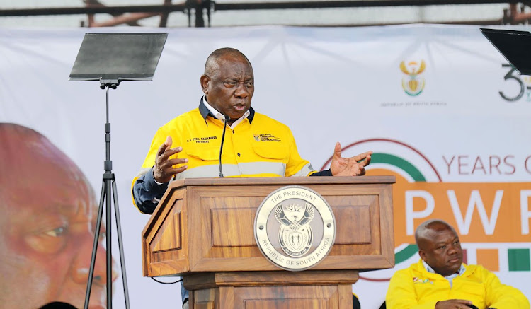 President Cyril Ramaphosa addresses the 20th anniversary of the Expanded Public Works Programme at the Buffalo City Stadium on April 24 2024. File photo.