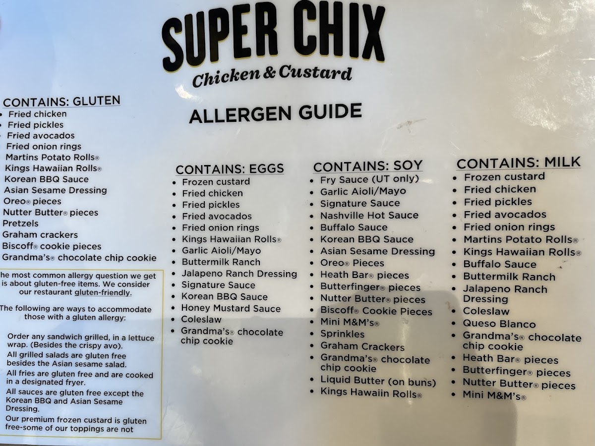 Super Chix gluten-free menu
