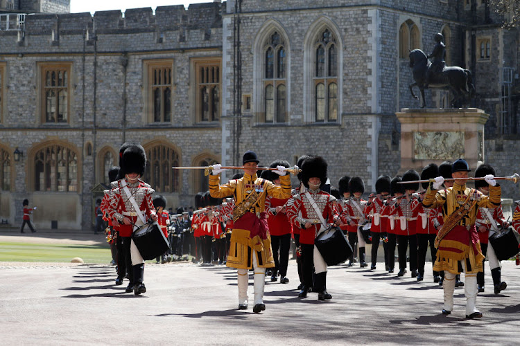 The Foot Guards Band are seen marching ahead of the funeral of Prince Philip, Duke of Edinburgh, at Windsor Castle.