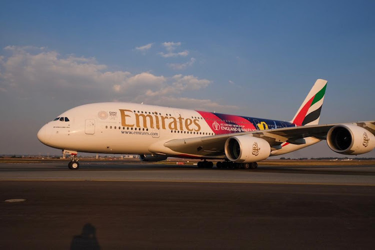 Emirates’ ICC Cricket World Cup 2019 themed Airbus A380 pictured at O.R. Tambo International Airport on Tuesday May 28 2019.