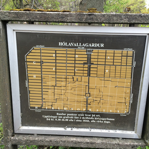 This plaque provides a map for visitors to the Hólavallagarður cemetery in central Reykjavik. The cemetery was constructed in 1838; as of 1932 all plots had been reserved. It is Icelandic...