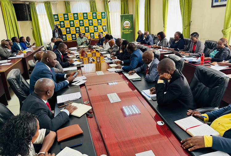 Former Nairobi Governor Johnson Sakaja chairing a multi-agency meeting on Monday, April 22, 2024.