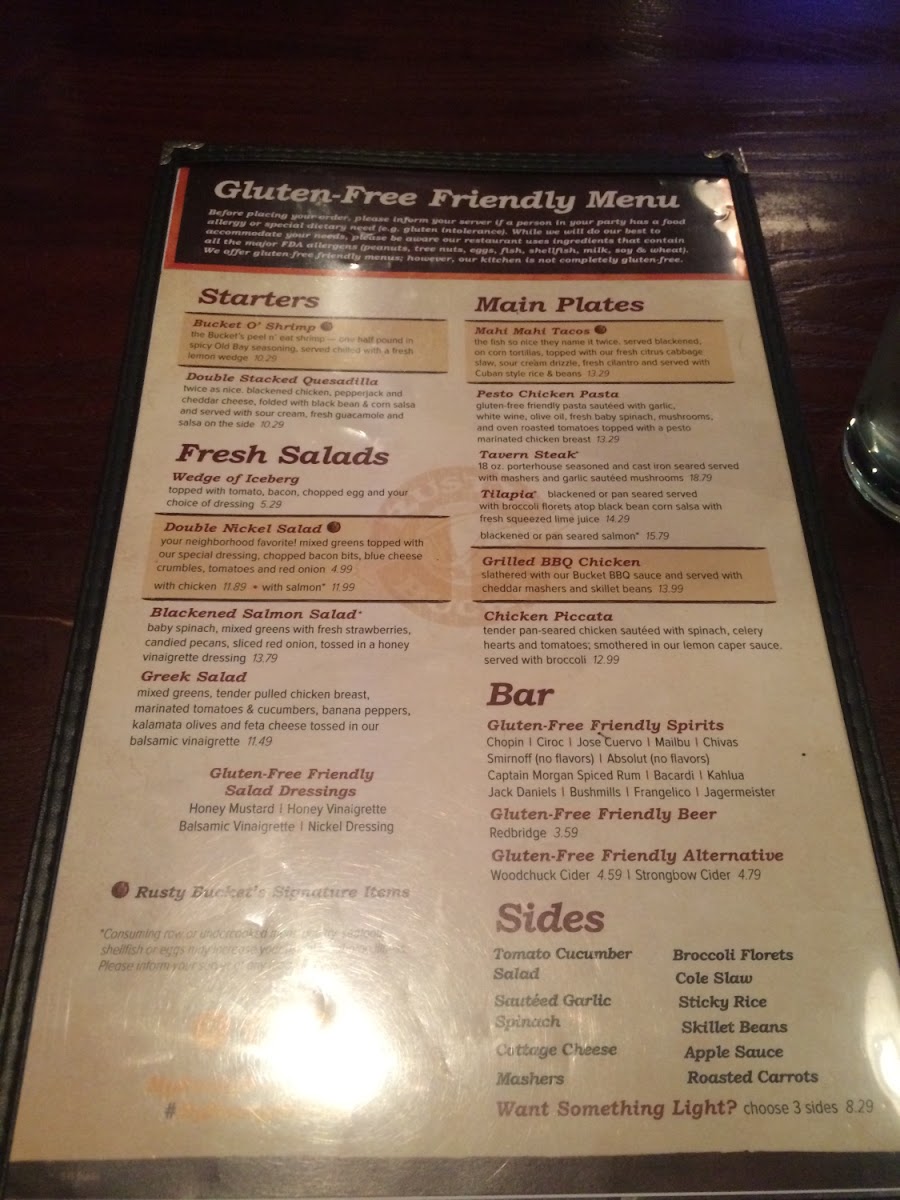 The gluten free menu