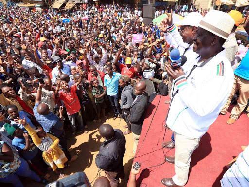 NASA leaders led by presidential candidate Raila Odinga at Mikinduri, Imenti North constituency, Meru county, on Saturday /DENNIS KAVISU