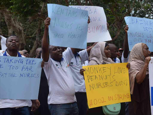 Kwale nurses during a demonstration for the implementation of their Collective Bargaining Agreement, July 17, 2017. /ALLOYS MUSYOKA