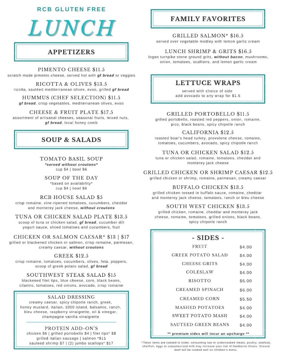 Riverstone Corner Bistro gluten-free menu