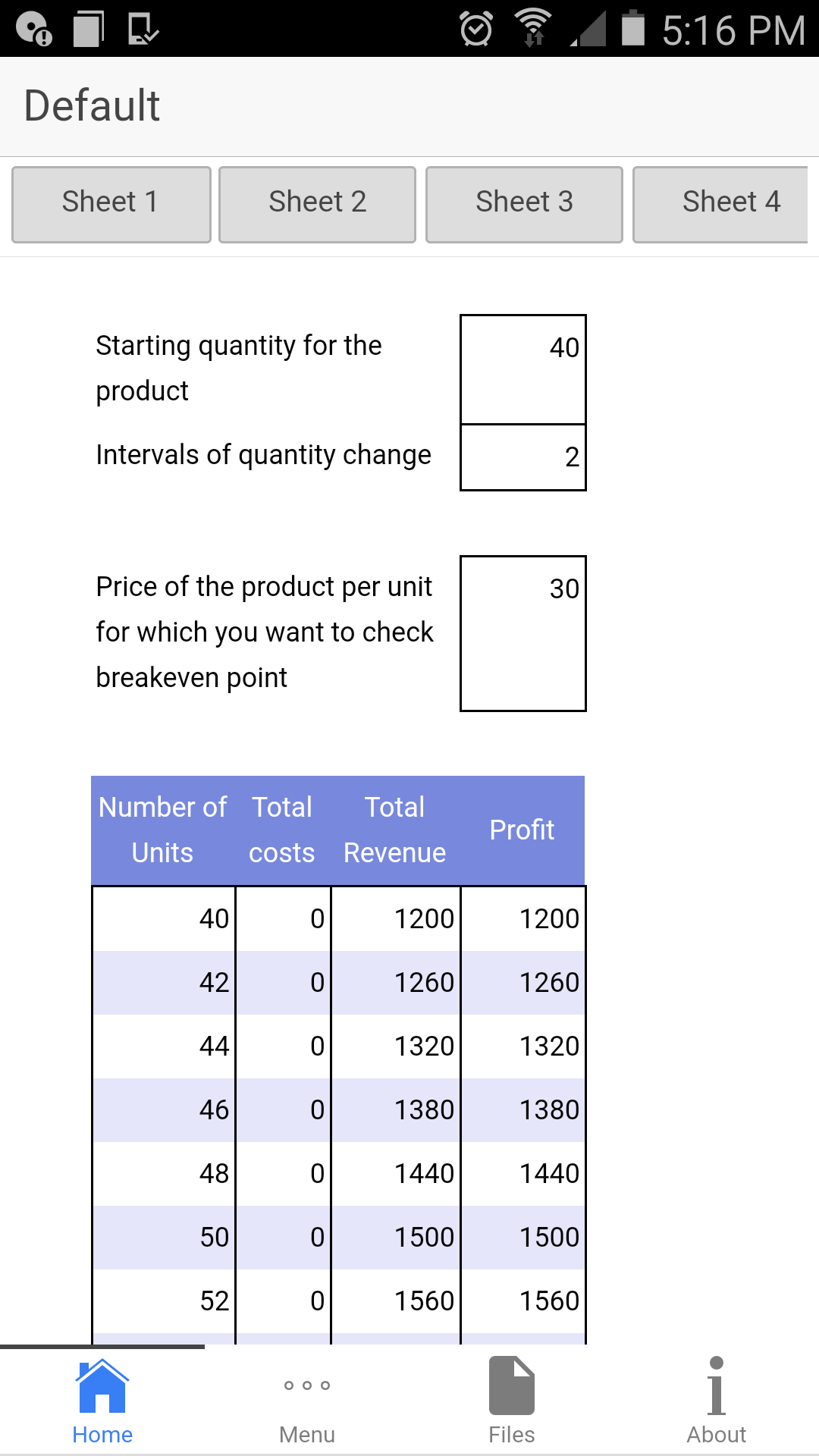 Android application Break Even Analysis screenshort