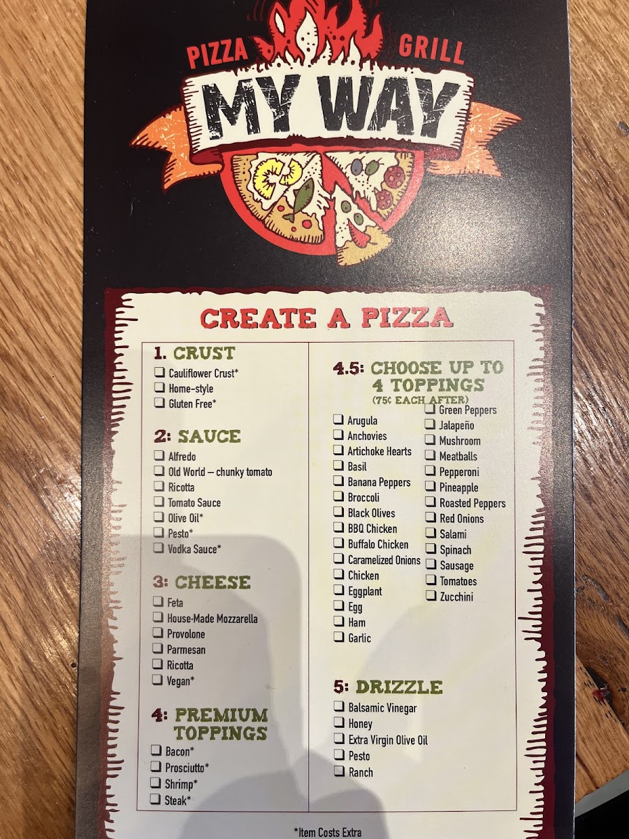 My Way Pizza & Grill gluten-free menu