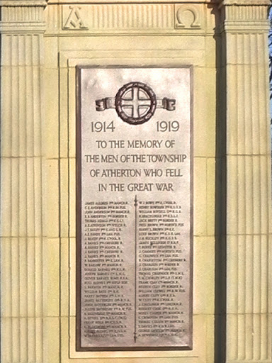 Plaque on the side of SD6602 : The Atherton War Memorial. There are four of these vertical plaques containing the names of the fallen of the First World War, one on each side of the central...