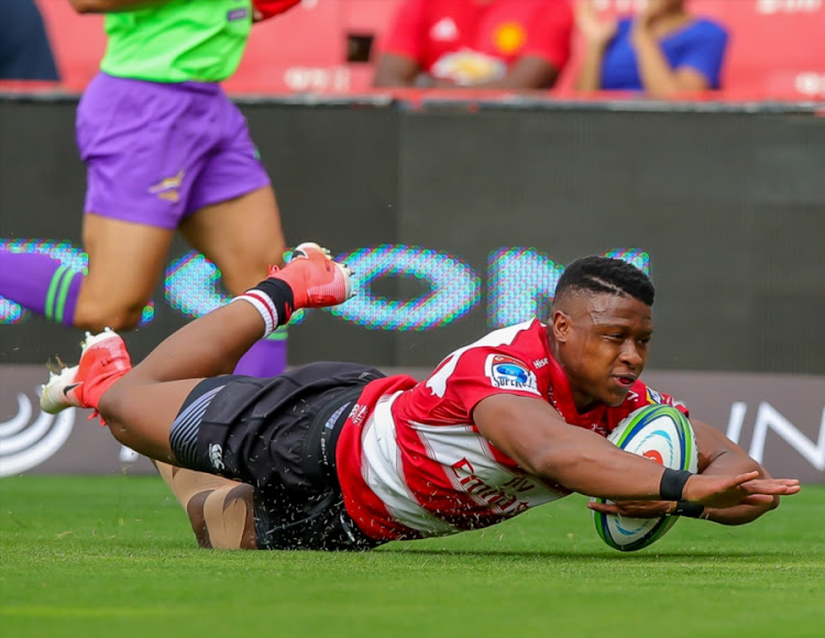 Try time for Aphiwe Dyantyi of the Emirates Lions during the Super Rugby match against the Jaguares at Emirates Airline Park on February 24, 2018 in Johannesburg, South Africa.