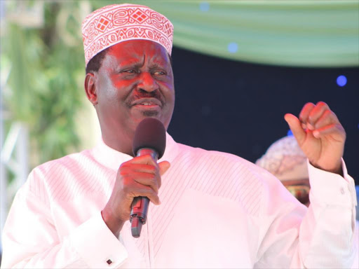 Opposition leader Raila Odinga in Mombasa on Sunday, June 17, 2018. /JOHN CHESOLI