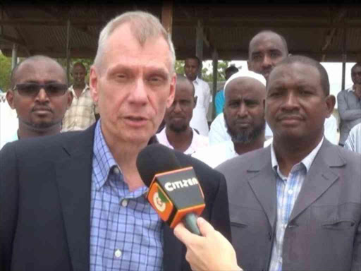 US ambassador to Kenya Robert Codec addressing the press at a voter registration centre in Garissa town yesterday.