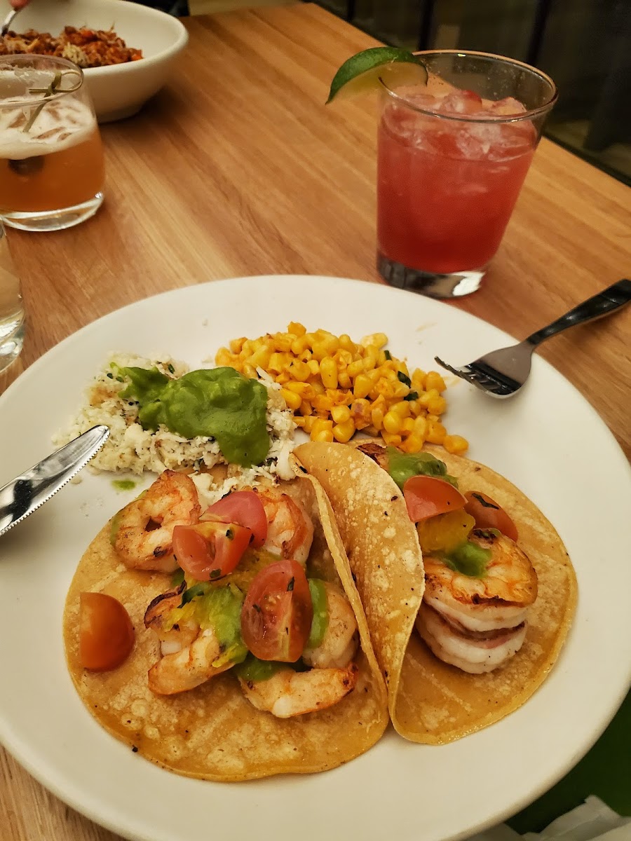 Shrimp tacos and passionfruit margarita