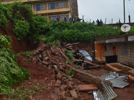 A wall that collapsed killing a 55 years old guard in Murang'a town on Wednesday night.Photo/ALICE WAITHERA