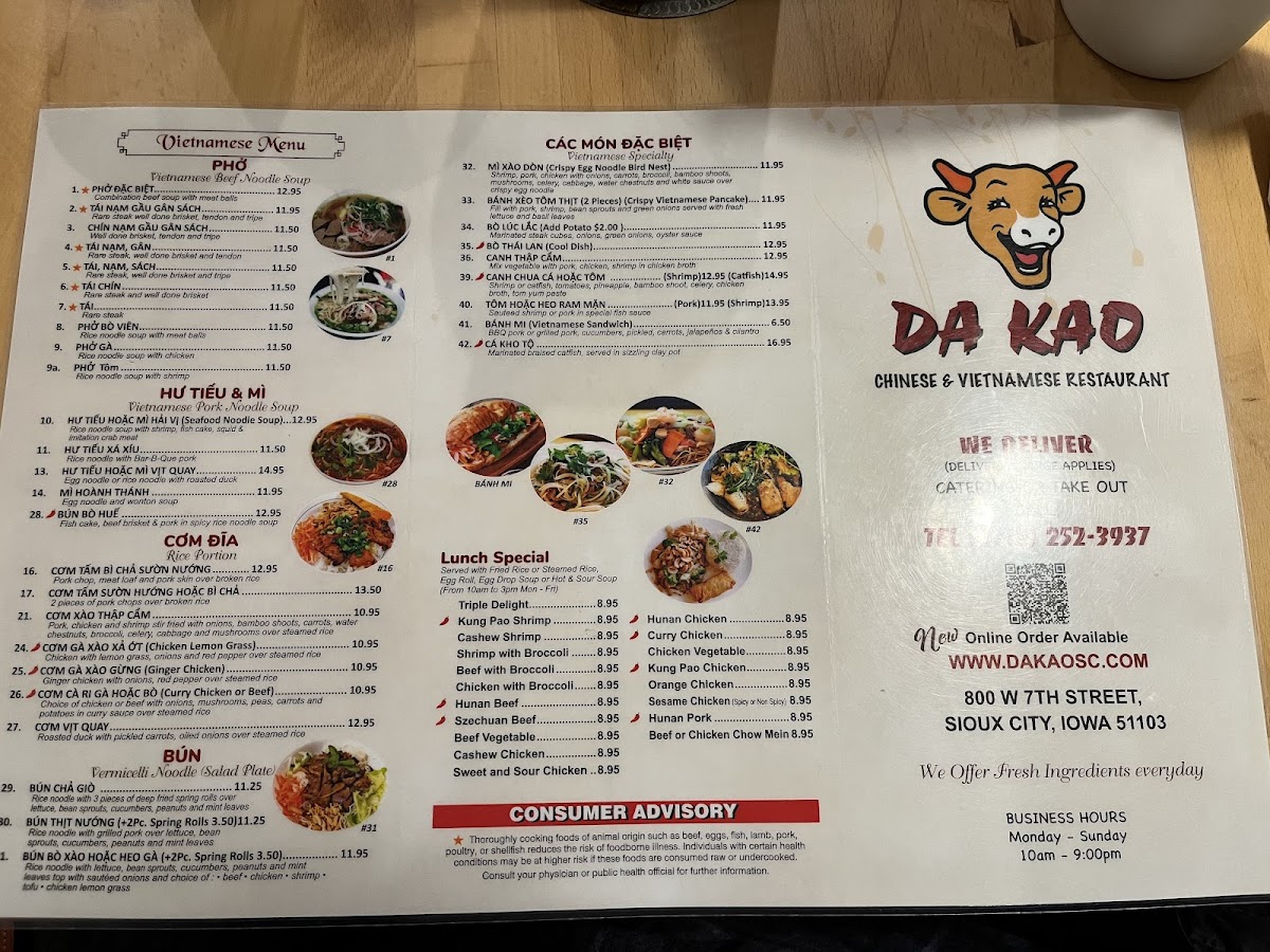 Da-Kao Restaurant gluten-free menu