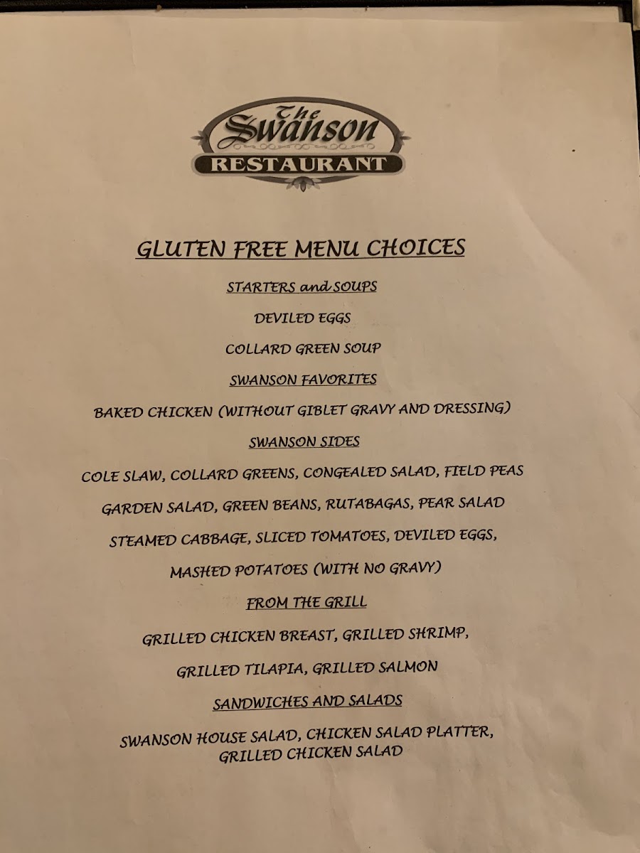 The Swanson gluten-free menu