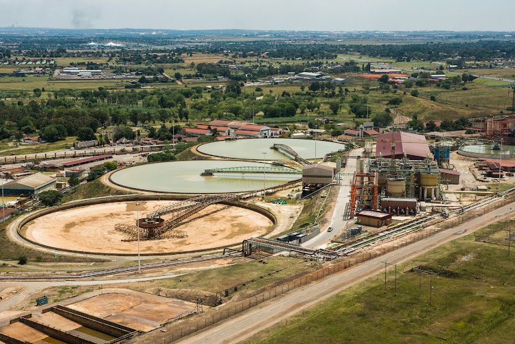 The processing facilities and water filtration beds at the Ergo gold recovery plant, run by DRDGold, as seen from the air in Brakpan. Picture: BLOOMBERG