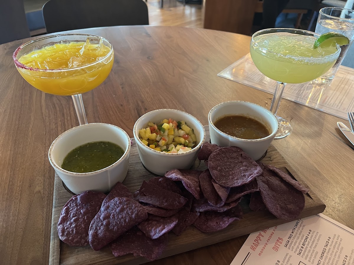 3 slsas and chips, house marg and mango marg