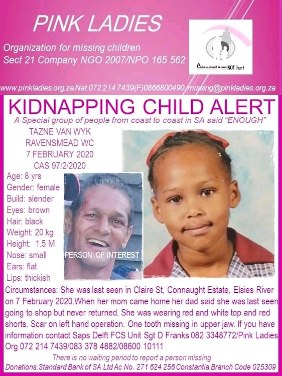 The Department of Community Safety is offering a R10,000 reward for information that could help find missing Tazne van Wyk.