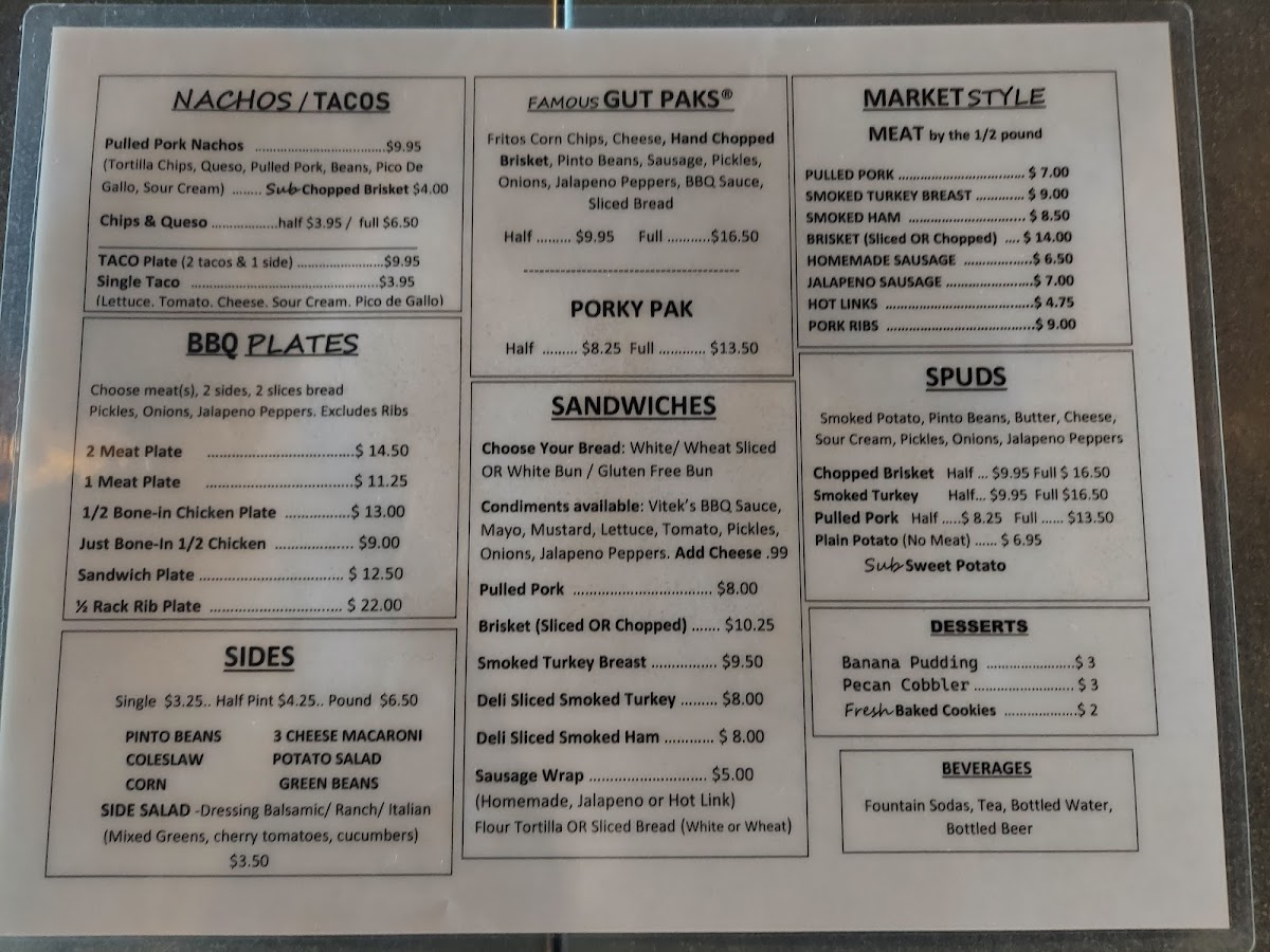 Vitek's BBQ gluten-free menu