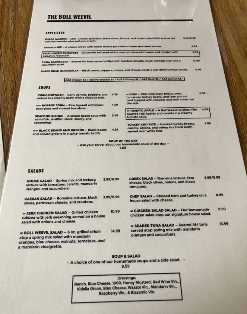 The Boll Weevil Cafe and Sweetery gluten-free menu